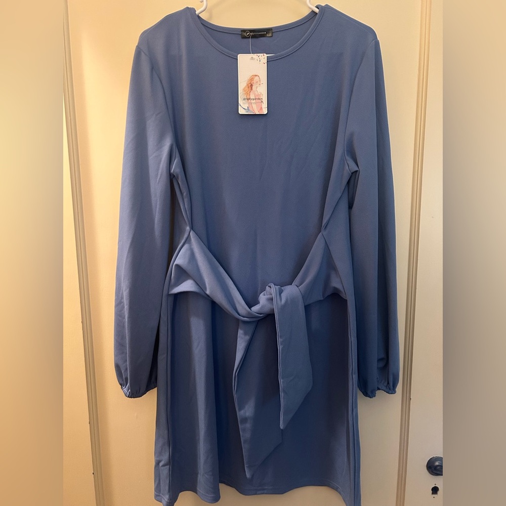 Blue Long Sleeve Dress with Tie Waist - Picture 1 of 2